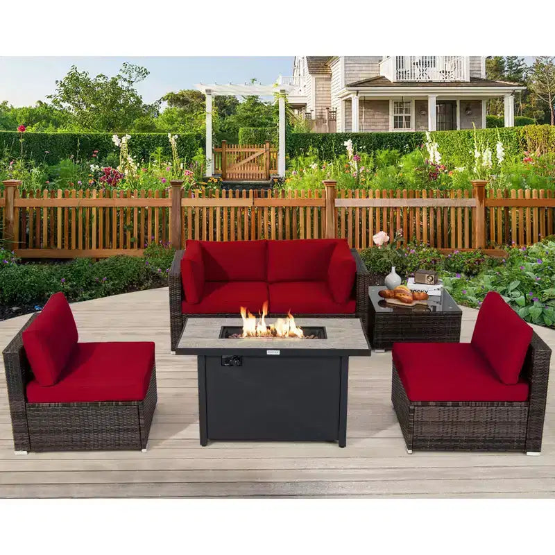 Costway Salon de jardin 6 pièces en rotin avec coussins, table brasero à gaz noir/turquoise/rouge/blanc cassé/bleu marine