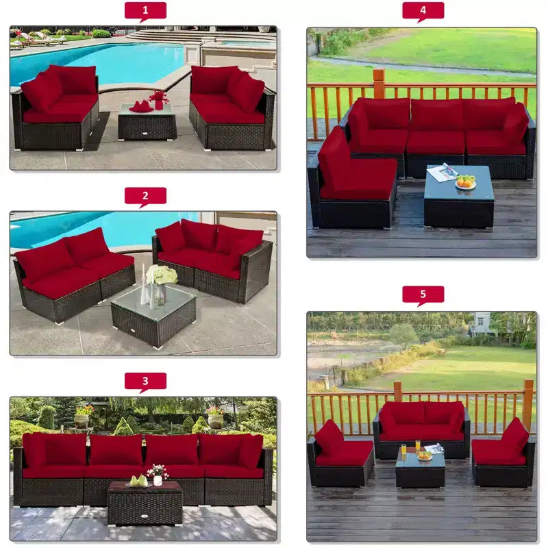 Costway Salon de jardin 6 pièces en rotin avec coussins, table brasero à gaz noir/turquoise/rouge/blanc cassé/bleu marine