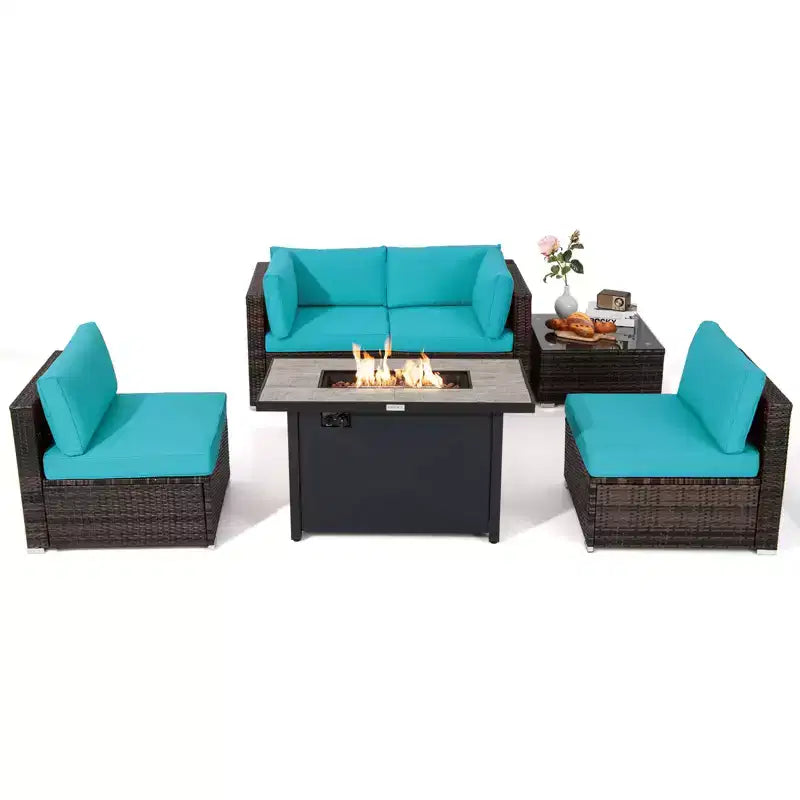 Costway Salon de jardin 6 pièces en rotin avec coussins, table brasero à gaz noir/turquoise/rouge/blanc cassé/bleu marine