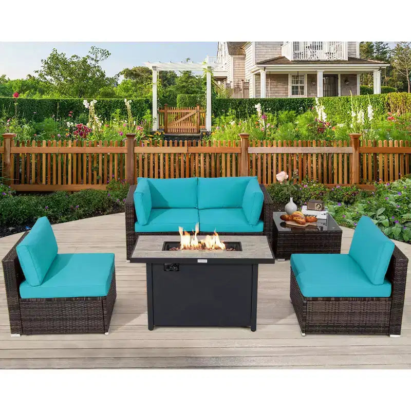 Costway Salon de jardin 6 pièces en rotin avec coussins, table brasero à gaz noir/turquoise/rouge/blanc cassé/bleu marine