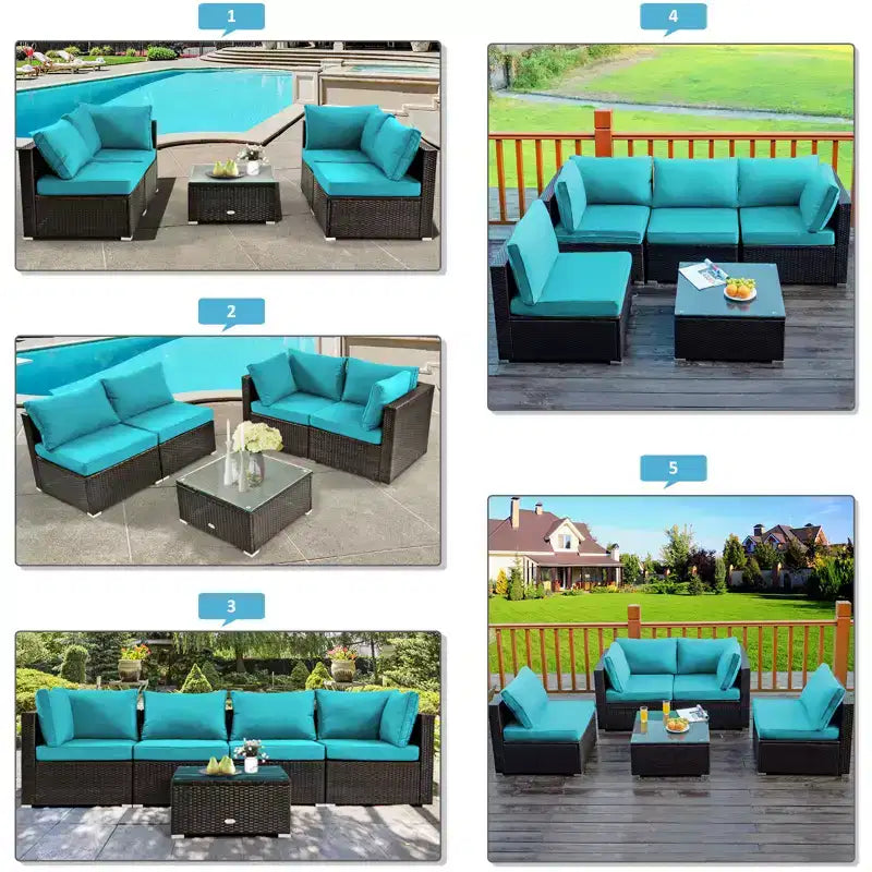 Costway Salon de jardin 6 pièces en rotin avec coussins, table brasero à gaz noir/turquoise/rouge/blanc cassé/bleu marine