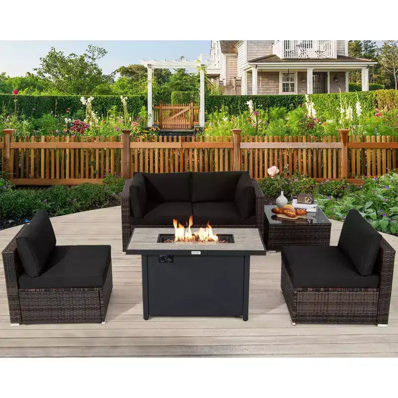 Costway Salon de jardin 6 pièces en rotin avec coussins, table brasero à gaz noir/turquoise/rouge/blanc cassé/bleu marine