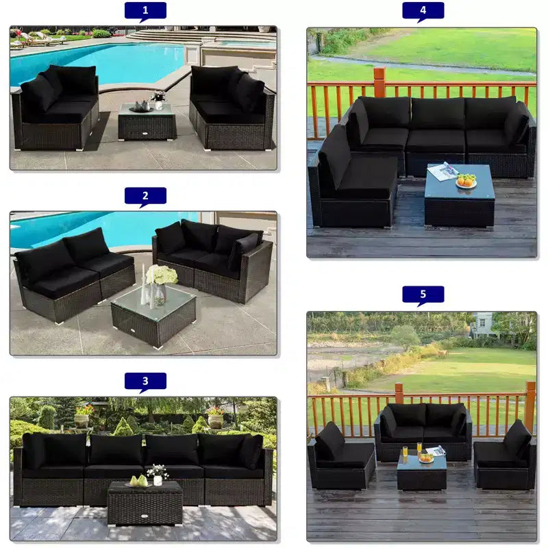 Costway Salon de jardin 6 pièces en rotin avec coussins, table brasero à gaz noir/turquoise/rouge/blanc cassé/bleu marine