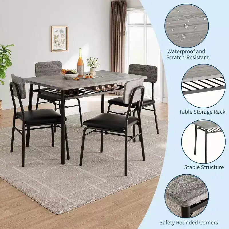 Ensemble Table à Manger Acekool pour 4 avec Étagère de Rangement, Table de Cuisine 5 Pièces et Chaises Rembourrées, Plateau en Bois et Cadre en Métal, pour Petits Espaces, Couleur Rétro