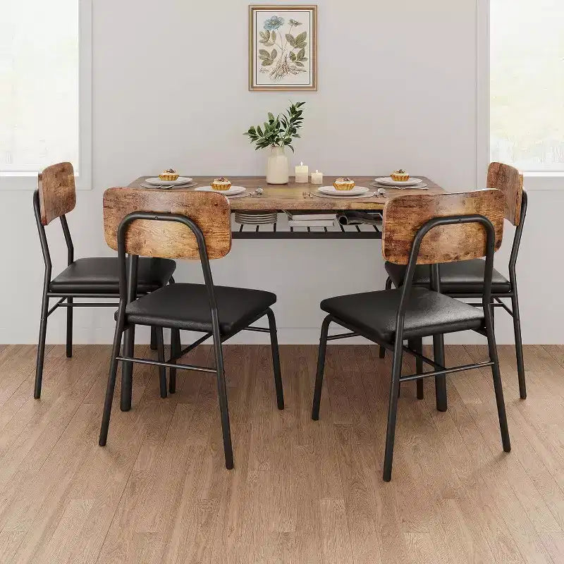 Ensemble Table à Manger Acekool pour 4 avec Étagère de Rangement, Table de Cuisine 5 Pièces et Chaises Rembourrées, Plateau en Bois et Cadre en Métal, pour Petits Espaces, Couleur Rétro