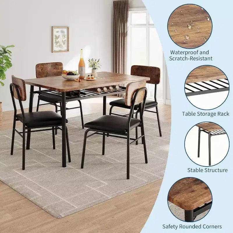 Ensemble Table à Manger Acekool pour 4 avec Étagère de Rangement, Table de Cuisine 5 Pièces et Chaises Rembourrées, Plateau en Bois et Cadre en Métal, pour Petits Espaces, Couleur Rétro