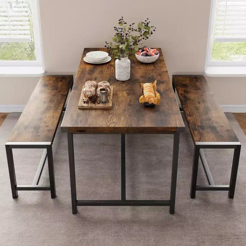 Ensemble table à manger pour 4 avec 2 bancs, ensemble de table de cuisine avec cadre en métal et panneau MDF, dinette peu encombrante pour cuisine, salle à manger