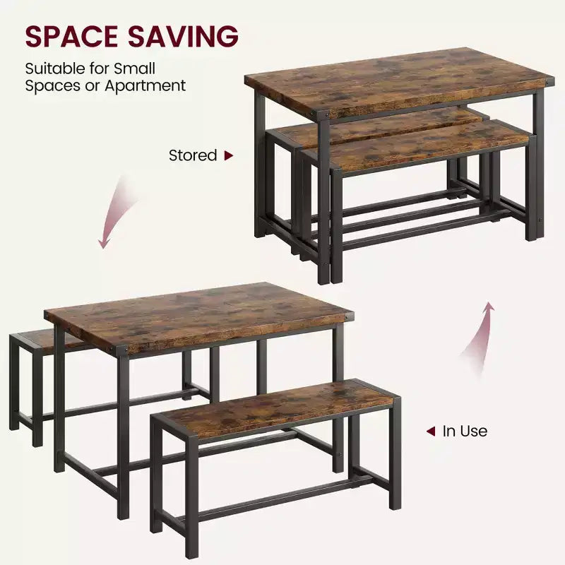Ensemble table à manger pour 4 avec 2 bancs, ensemble de table de cuisine avec cadre en métal et panneau MDF, dinette peu encombrante pour cuisine, salle à manger