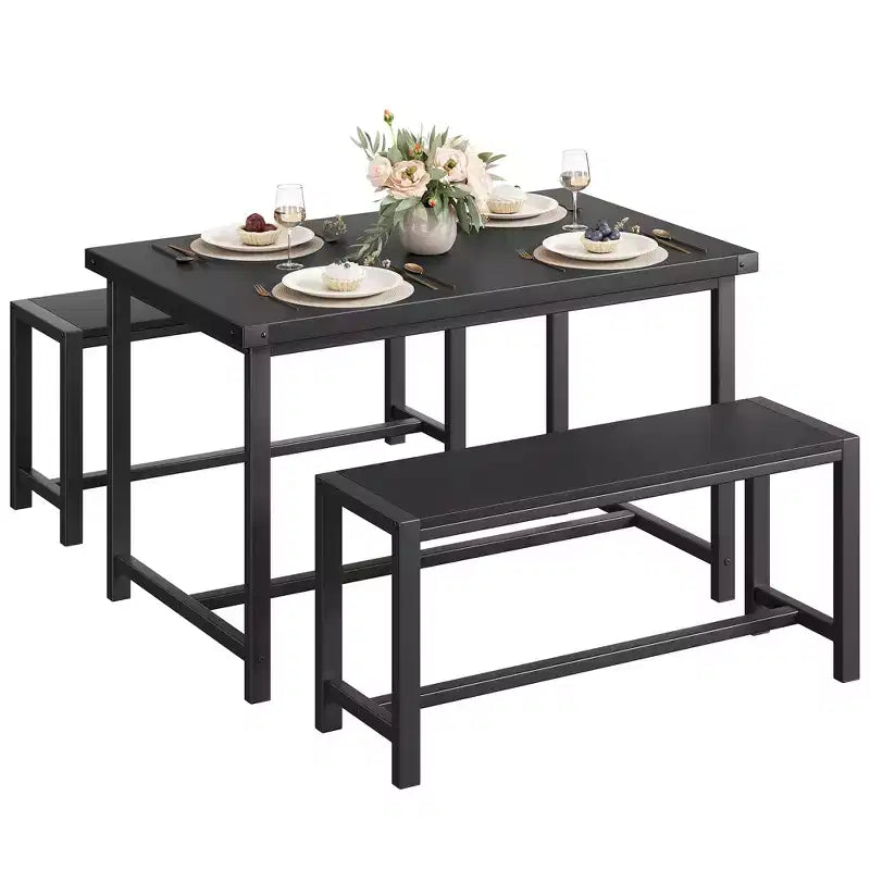 Dining Table Set for 4 with 2 Benches, Kitchen Table Set with Metal Frame & MDF Board, Space-Saving Dinette for Kitchen, Dining Room