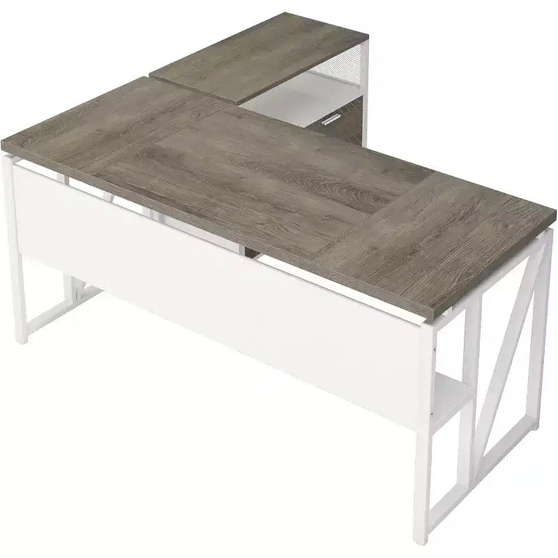 Bureau d'angle Lantine avec tiroir, grand bureau d'ordinateur de direction de 160 cm et classeur latéral, meuble de bureau à domicile 2 pièces
