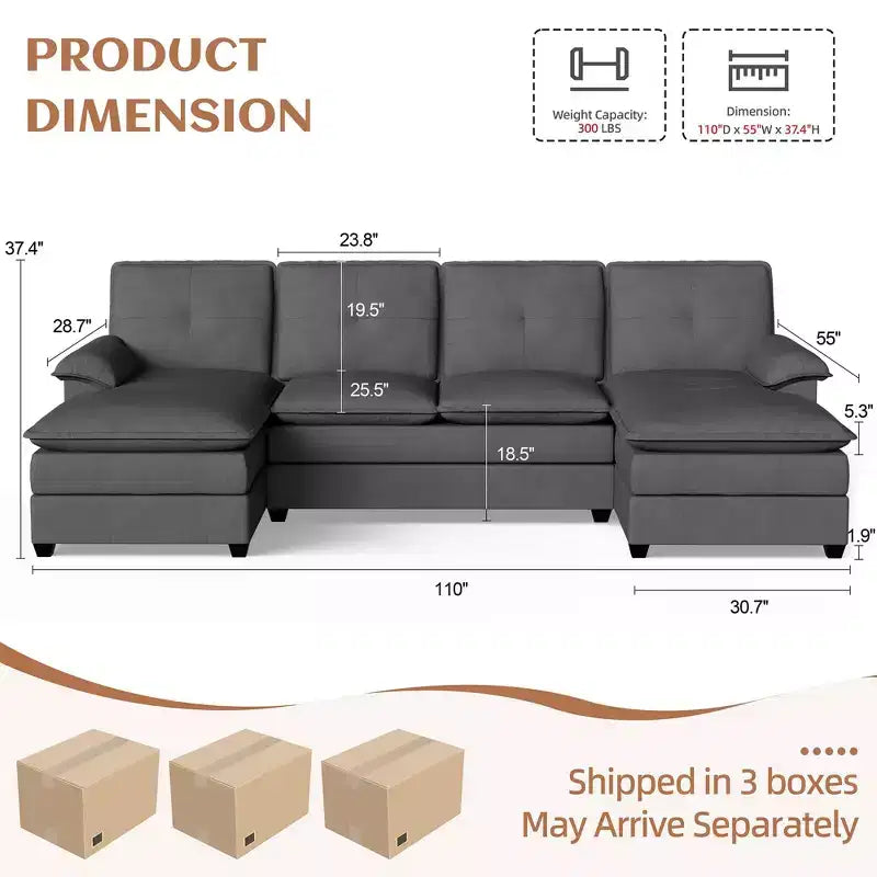 Canapé d'angle rembourré 3 pièces Celebalcony avec méridienne. Canapé en U 110, canapé modulaire 4 places, grand canapé avec pouf pour salon