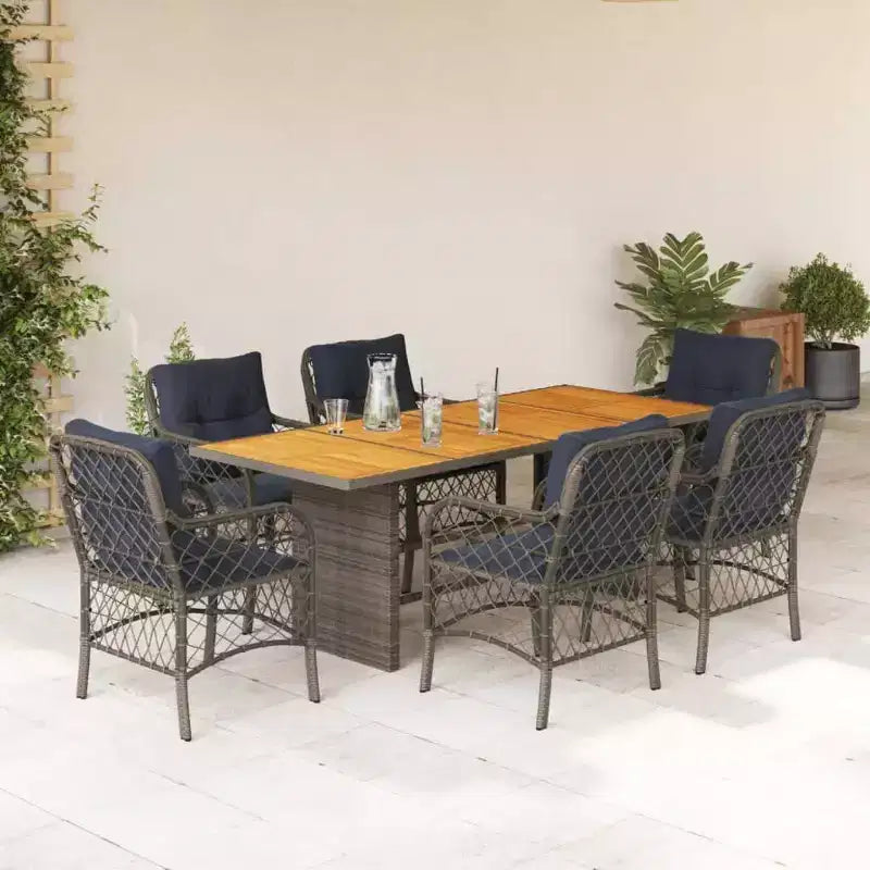 vidaXL Salon de jardin à manger 7 pièces avec coussins - résine tressée, gris et bleu marine, résistant aux intempéries, confortable, nettoyage facile