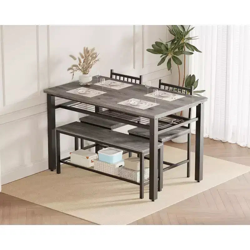Ensemble table à manger pour 4 personnes, table de cuisine marron avec 2 chaises et un banc, table et banc avec rangement, ensemble de 4 pièces pour petit espace