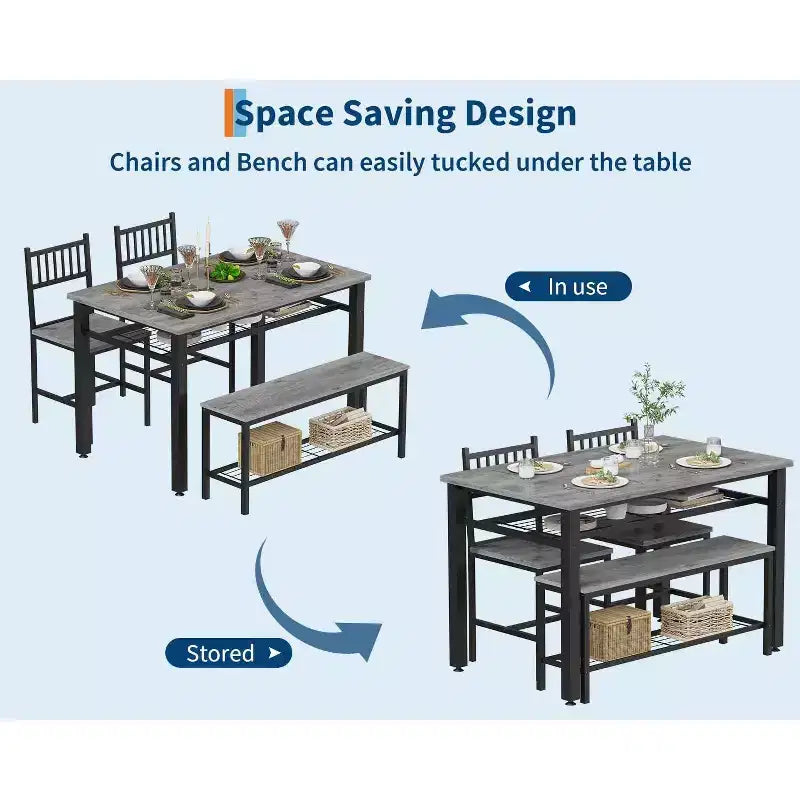 Ensemble table à manger pour 4 personnes, table de cuisine marron avec 2 chaises et un banc, table et banc avec rangement, ensemble de 4 pièces pour petit espace