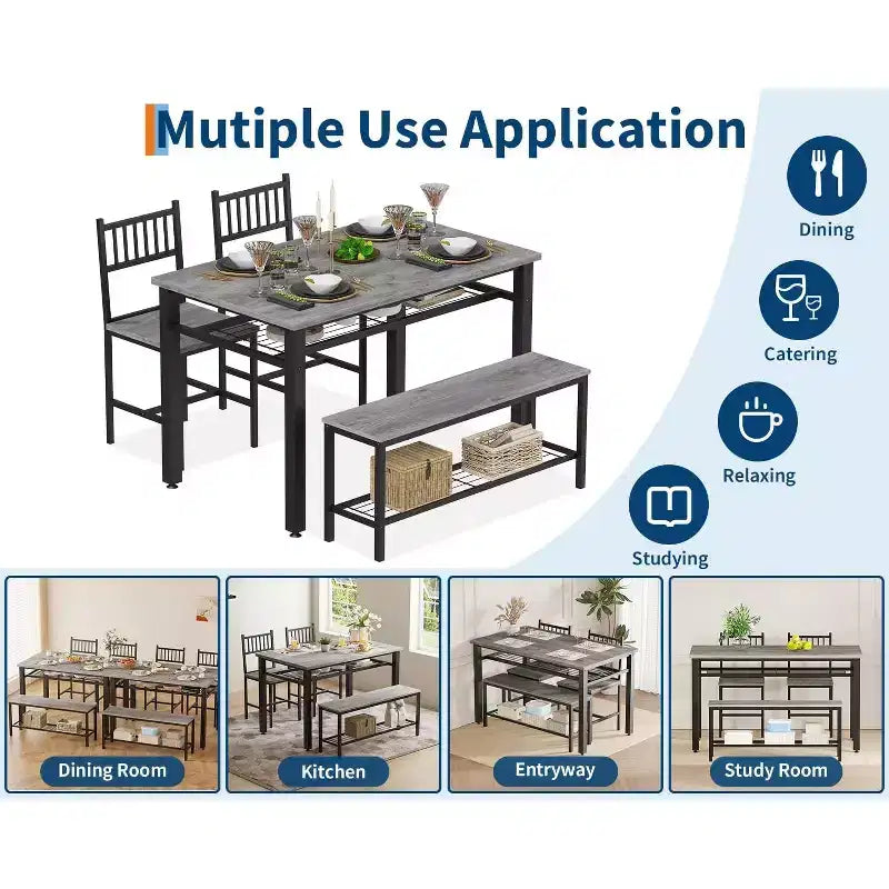 Ensemble table à manger pour 4 personnes, table de cuisine marron avec 2 chaises et un banc, table et banc avec rangement, ensemble de 4 pièces pour petit espace