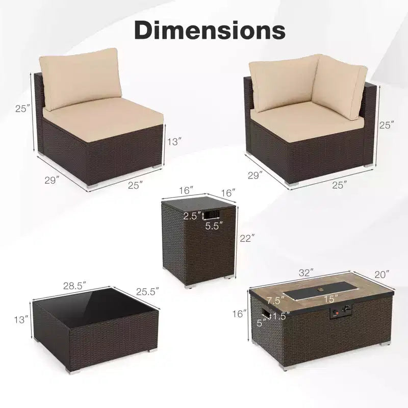 Costway Ensemble de Canapé Sectionnel de Patio 12 Pièces en Osier avec Table Foyer au Propane de 32 Pouces et Support de Réservoir Noir/Marron/Bleu Marine