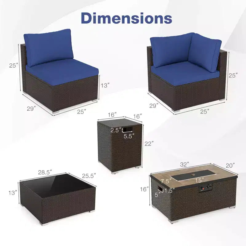 Costway Ensemble de Canapé Sectionnel de Patio 12 Pièces en Osier avec Table Foyer au Propane de 32 Pouces et Support de Réservoir Noir/Marron/Bleu Marine