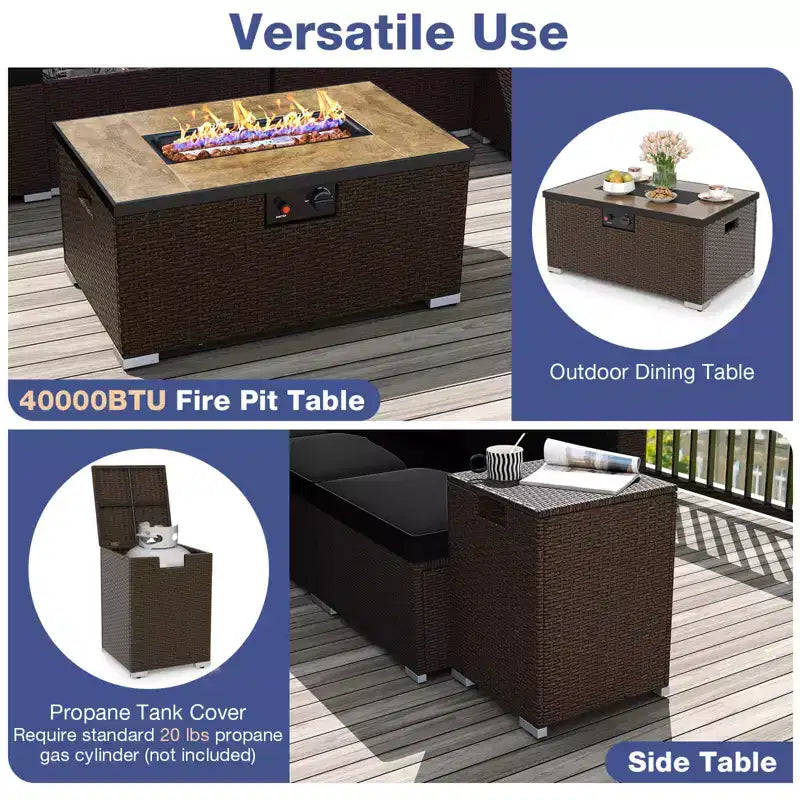 Costway Ensemble de Canapé Sectionnel de Patio 12 Pièces en Osier avec Table Foyer au Propane de 32 Pouces et Support de Réservoir Noir/Marron/Bleu Marine