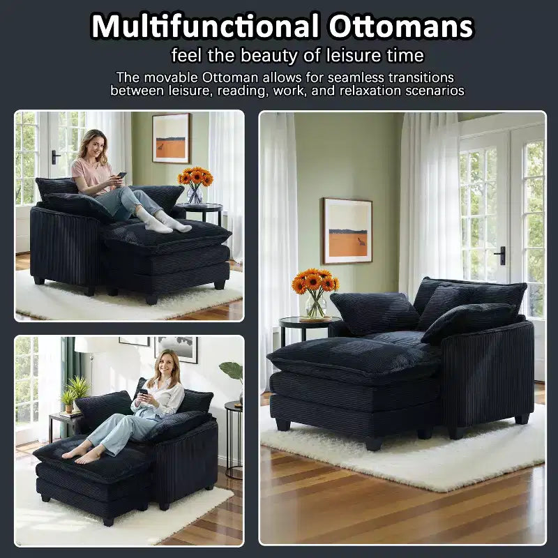 EHMKNP Fauteuil canapé Cloud confortable de 101 cm de large - Ensemble fauteuil et ottoman surdimensionnés en velours côtelé, rembourrage moelleux et assise extra-profonde pour les petits salons
