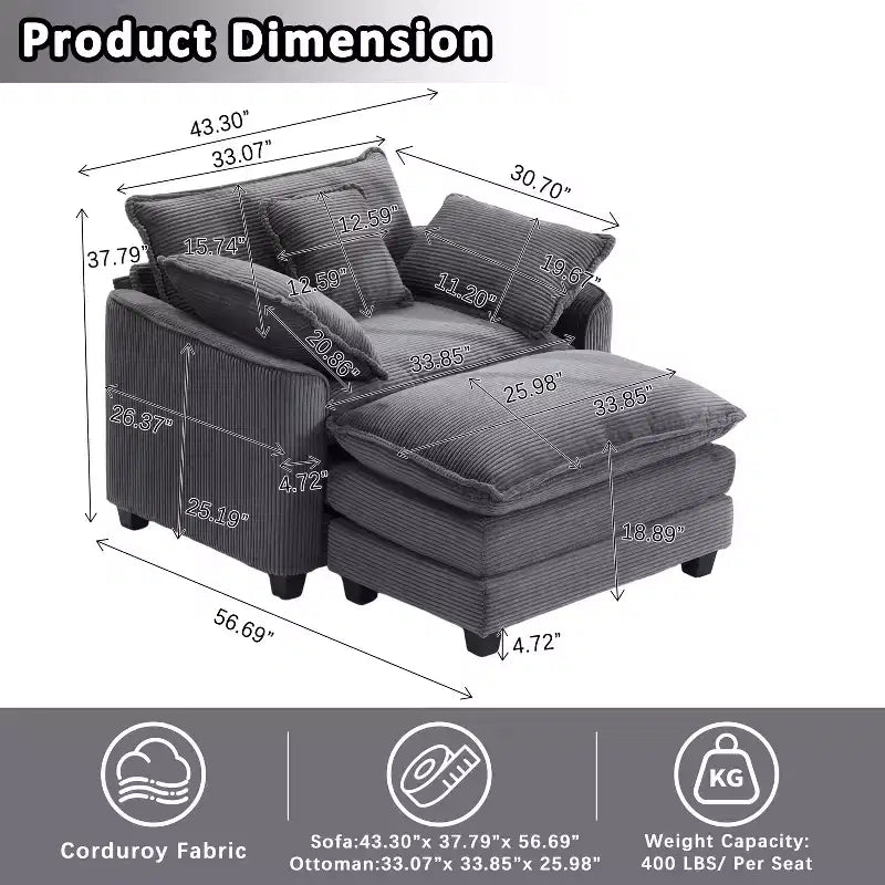 EHMKNP Fauteuil canapé Cloud confortable de 101 cm de large - Ensemble fauteuil et ottoman surdimensionnés en velours côtelé, rembourrage moelleux et assise extra-profonde pour les petits salons