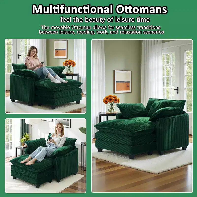 EHMKNP Fauteuil canapé Cloud confortable de 101 cm de large - Ensemble fauteuil et ottoman surdimensionnés en velours côtelé, rembourrage moelleux et assise extra-profonde pour les petits salons