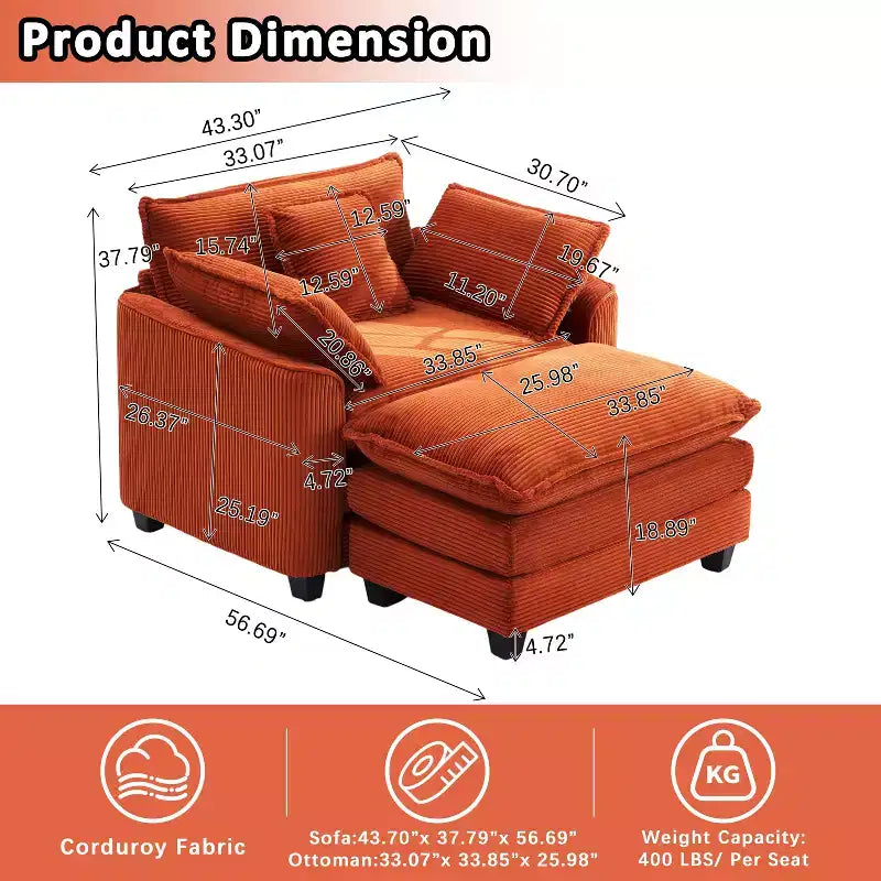 EHMKNP Fauteuil canapé Cloud confortable de 101 cm de large - Ensemble fauteuil et ottoman surdimensionnés en velours côtelé, rembourrage moelleux et assise extra-profonde pour les petits salons