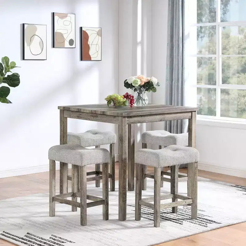 Ensemble table de bar et 4 tabourets de bar style ferme Okak 5 pièces pour cuisine, salle à manger, ensemble dînette vintage avec cadre en bois massif