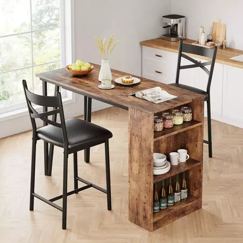 Ensemble table de bar et 2 chaises, table de bar haute de cuisine, ensemble de salle à manger en bois hauteur bar, étagères de rangement à 3 niveaux, 2 tabourets, pour petits espaces