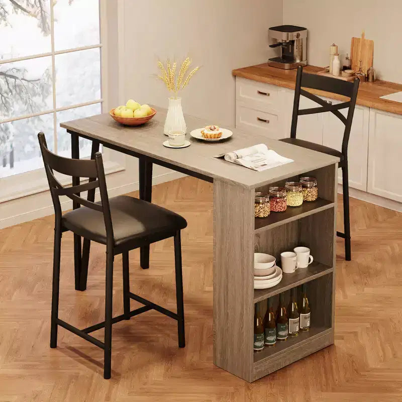 Ensemble table de bar et 2 chaises, table de bar haute de cuisine, ensemble de salle à manger en bois hauteur bar, étagères de rangement à 3 niveaux, 2 tabourets, pour petits espaces