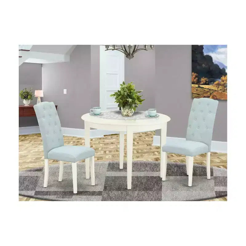 Ensemble de salle à manger 3 pièces – Table de cuisine et 2 chaises – Petite table ronde – Blanc lin et bleu bébé