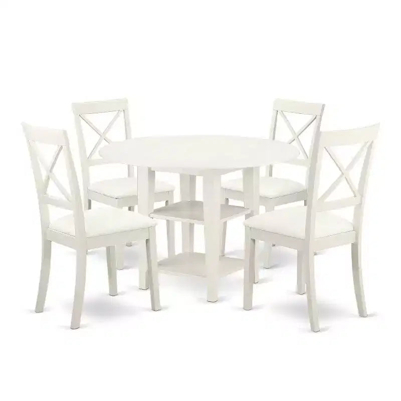 Antique Dinette Set 5 Piece Table & Chairs Linen White Faux Leather Seats Home Kitchen Furniture