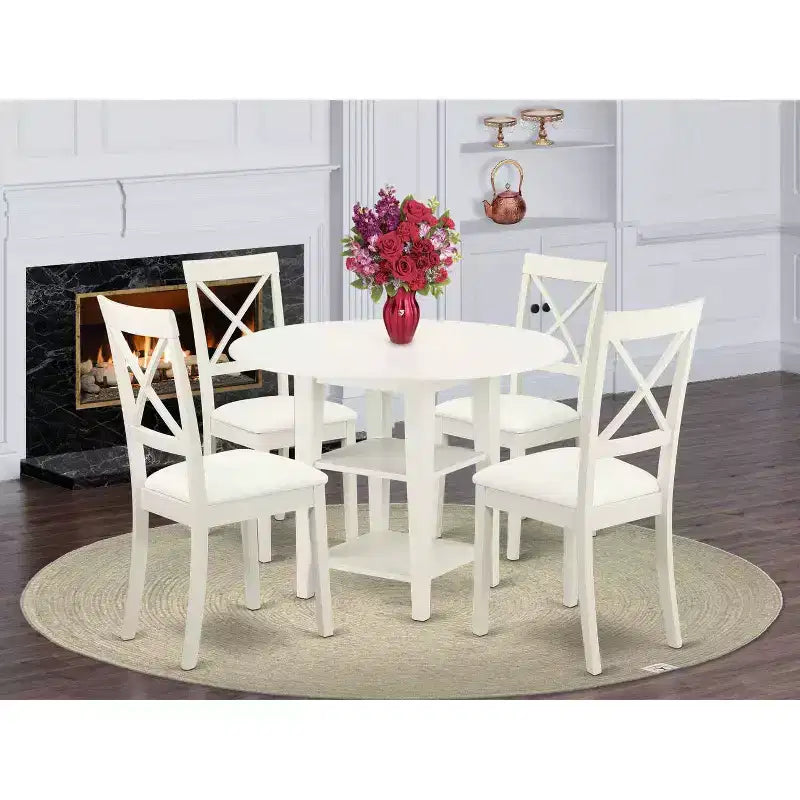 Ensemble de salle à manger antique 5 pièces Table et chaises Sièges en similicuir blanc lin Meubles de cuisine à domicile