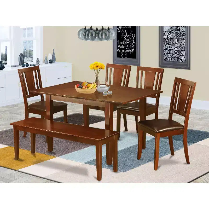 Ensemble table à manger et 4 chaises 5 pièces, rectangulaire avec rallonge papillon, finition acajou, 81x152 cm