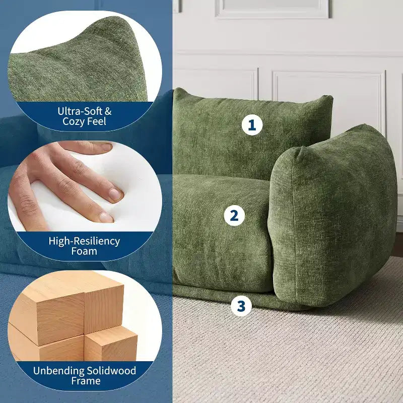 Canapé modulaire, Canapé nuage en chenille, Canapé sans accoudoirs à assise profonde pour salon, Petit espace, Vert