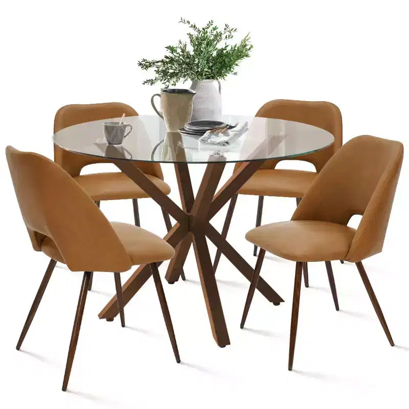 Ensemble de salle à manger rond 5 pièces en verre avec chaises en similicuir, ensemble de table de cuisine moderne avec pieds en noyer pour 4 personnes-Panipeachy