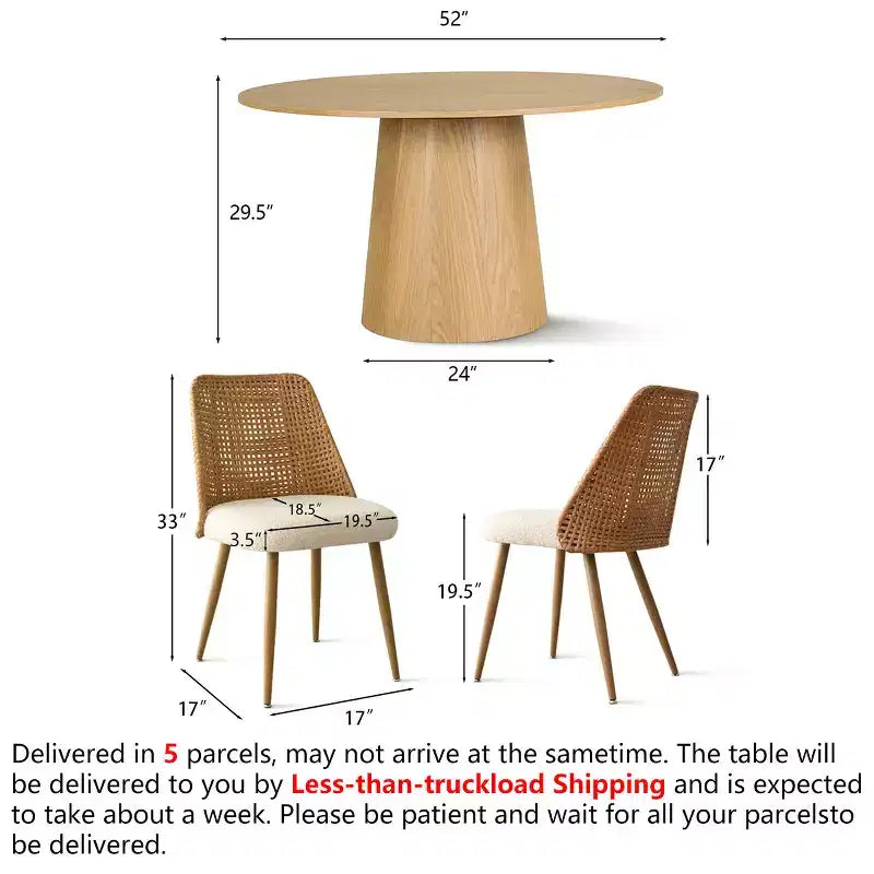 Ensemble de salle à manger 7 pièces pour 6 personnes Table à manger ronde en bois de chêne et chaises de salle à manger en bouclette et rotin pour cuisine salle à manger style ferme - Panipeachy