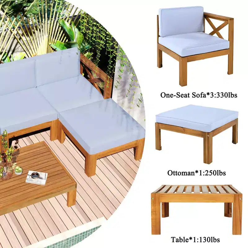 MAYEERTY Patio extérieur en bois 5 pièces canapé sectionnel avec coussins finition naturelle et coussins gris