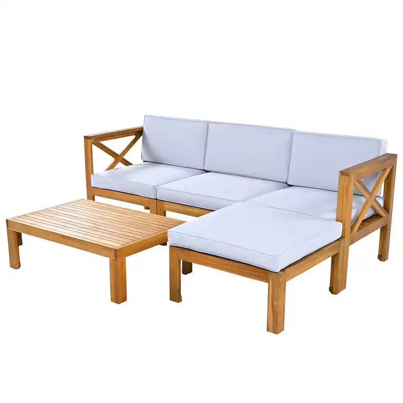 MAYEERTY Patio extérieur en bois 5 pièces canapé sectionnel avec coussins finition naturelle et coussins gris