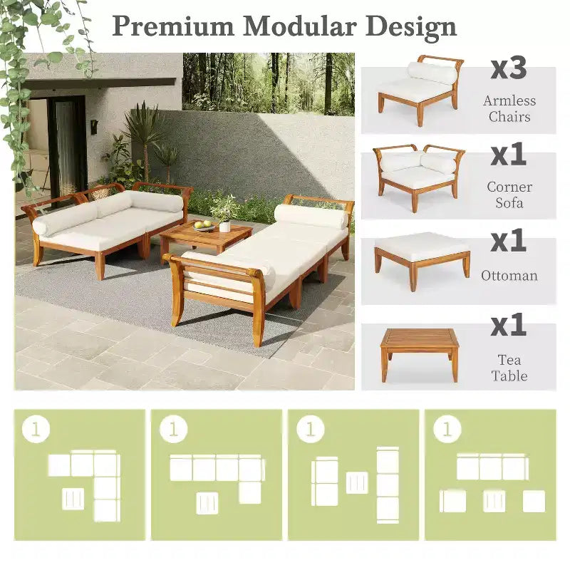 MAYEERTY Ensemble de canapé de patio 6 pièces en bois d'acacia modulaire sectionnel mobilier de jardin avec lit de repos table basse ottoman 5 coussins et oreillers teck et beige