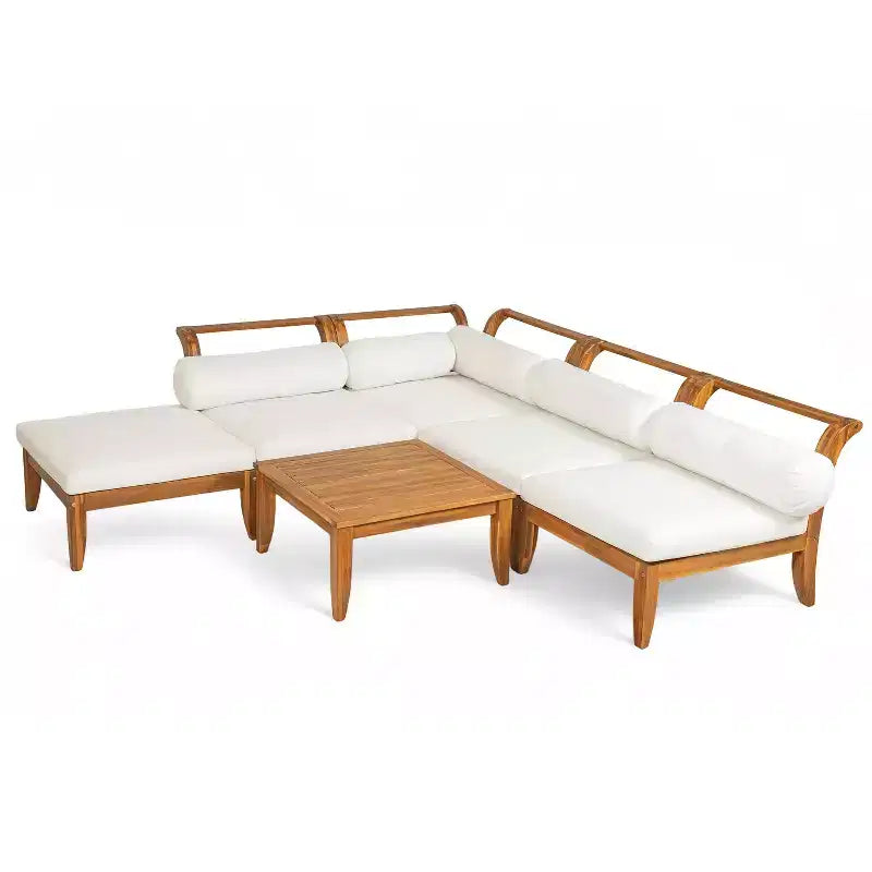 MAYEERTY Ensemble de canapé de patio 6 pièces en bois d'acacia modulaire sectionnel mobilier de jardin avec lit de repos table basse ottoman 5 coussins et oreillers teck et beige