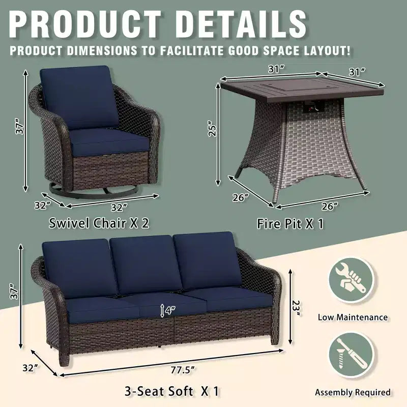Ensemble de patio extérieur UPTIOT : canapé 3 places, 2 fauteuils pivotants et basculants et foyer de 50 000 BTU pour un confort et une chaleur toutes saisons.
