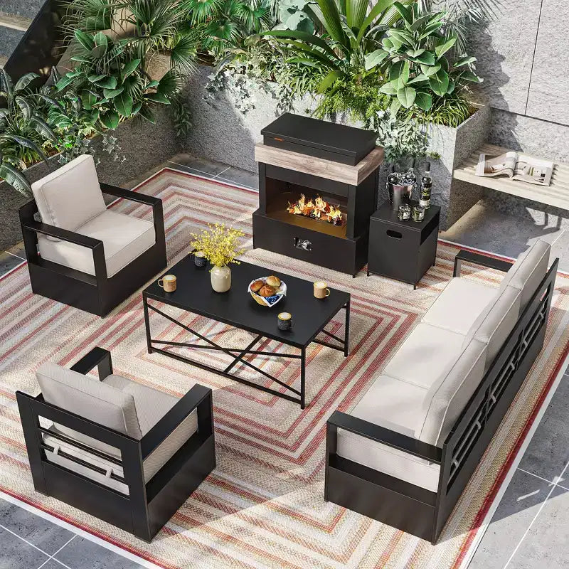 Ensemble d'extérieur 5 pièces UPTIOT : canapé 3 places, 2 chaises, foyer et table basse avec tissu oléfine imperméable pour patio/arrière-cour