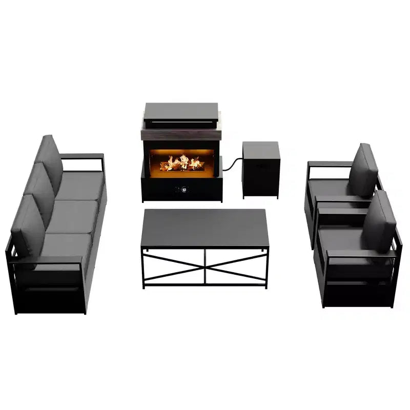 Ensemble d'extérieur 5 pièces UPTIOT : canapé 3 places, 2 chaises, foyer et table basse avec tissu oléfine imperméable pour patio/arrière-cour