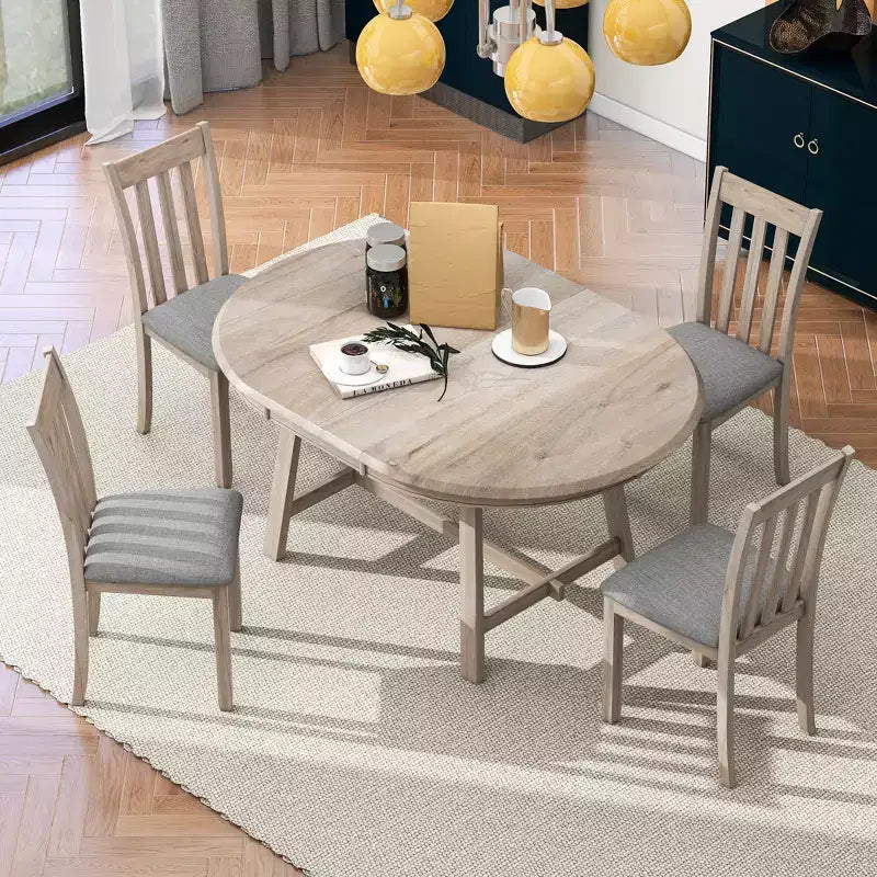 Ensemble table à manger ronde extensible, 5 pièces, table à manger en bois avec 4 chaises, ensemble de salle à manger pour 4 personnes