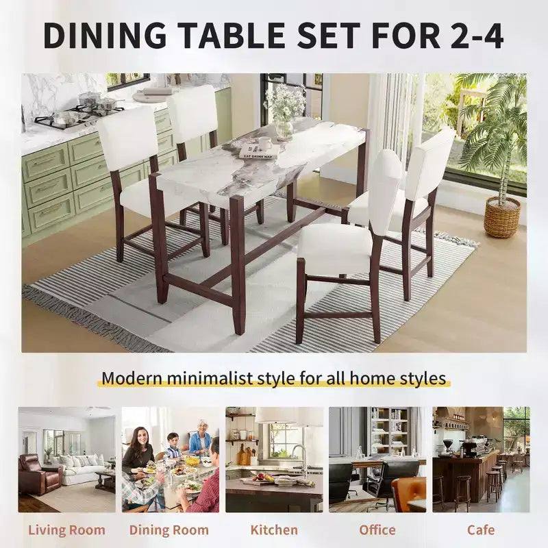 Ensemble de salle à manger avec table haute en marbre, ensemble table de bar avec 2/4 chaises rembourrées pour salle à manger, pub, cuisine, petits espaces, beige marron