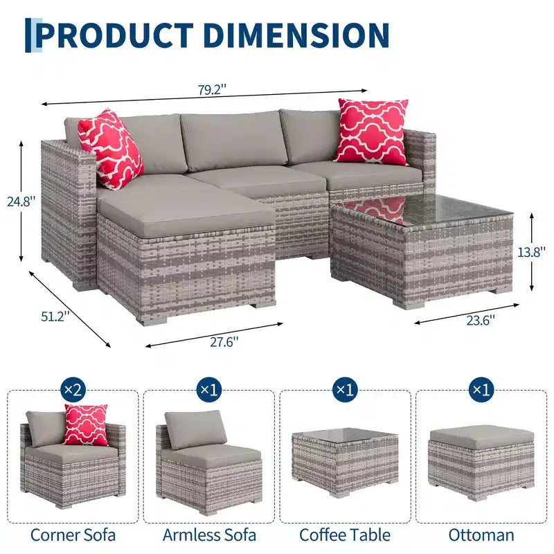 Ensemble de meubles de patio extérieur 4 pièces, ensembles de conversation en rotin osier, ensemble de patio bistrot avec 2 chaises, coussin doux, causeuse et 1 table basse en verre