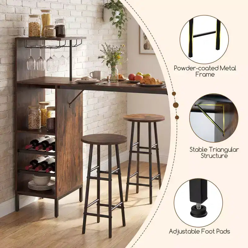 Costway Ensemble table de bar et chaises 3 pièces Table et tabourets de pub industriels avec porte-bouteilles Marron/Chêne