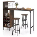 Costway 3 PCS Bar Table and Chairs Set Industrial Pub Table & Stools with Bottle Wine Rack Brown/Oak