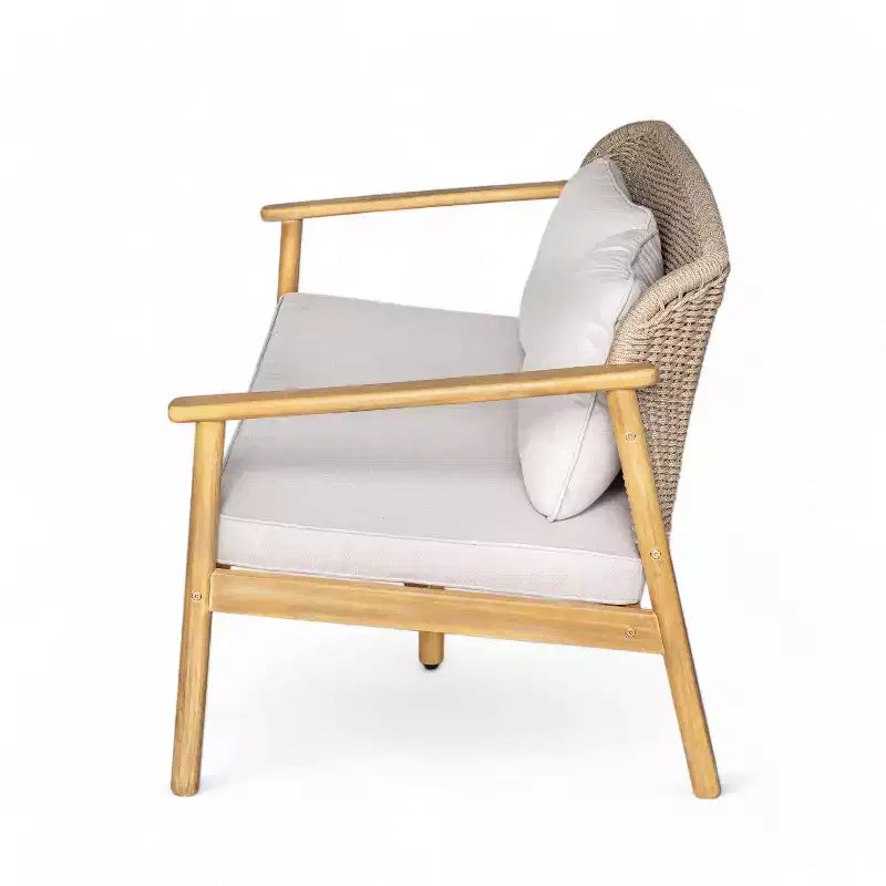 Ensemble de conversation ModernLuxe en bois d'acacia pour l'extérieur, ensemble de canapés de patio avec dossier en corde tressée et table basse, finition teck clair