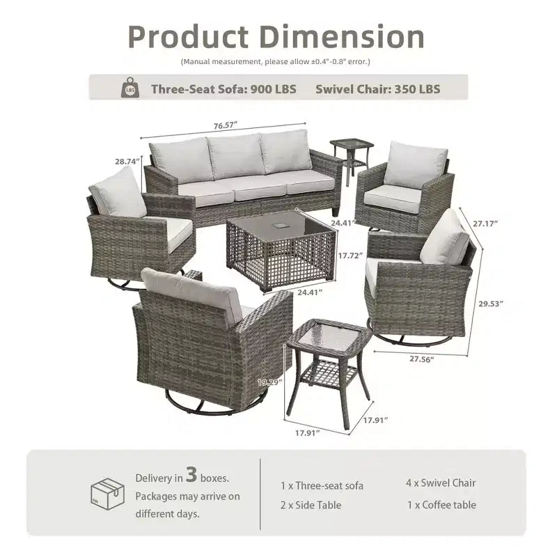 Ensemble de mobilier de jardin HOMLUX 8 pièces avec canapé 3 places, table basse et 4 fauteuils pivotants